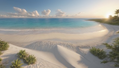 outdoors,sky,day,cloud,water,tree,blue sky,no humans,shadow,ocean,beach,sunlight,grass,plant,nature,scenery,sunset,sand,palm tree,sun,horizon,road,shore,desert,waves