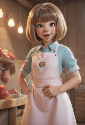 1girl,solo,looking at viewer,smile,short hair,open mouth,bangs,blonde hair,brown hair,shirt,brown eyes,standing,short sleeves,cowboy shot,food,teeth,tongue,collared shirt,indoors,tongue out,blunt bangs,blurry,apron,puffy short sleeves,lips,fruit,depth of field,blurry background,upper teeth only,bob cut,blue shirt,white apron,:p,hands on hips,nose,apple,female child,badge,kitchen,button badge,dress,realistic,tongue piercing