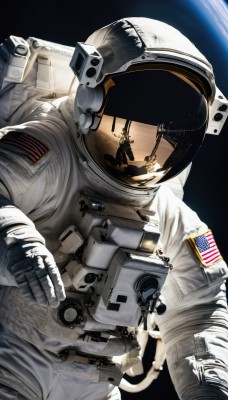 1girl,solo,gloves,helmet,1other,reflection,science fiction,realistic,silhouette,space,planet,ambiguous gender,earth (planet),american flag,spacecraft,spacesuit,japanese flag,space helmet,astronaut,male focus,multiple boys,2boys,moon,floating,flag print,american flag print