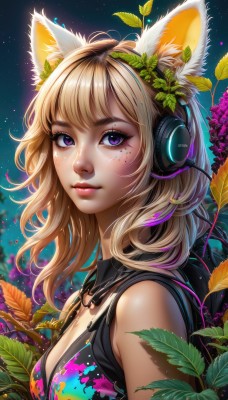 1girl,solo,long hair,breasts,looking at viewer,smile,short hair,bangs,blonde hair,hair ornament,animal ears,cleavage,bare shoulders,jewelry,medium breasts,closed mouth,purple eyes,upper body,flower,multicolored hair,outdoors,sky,sleeveless,artist name,cat ears,signature,hood,necklace,mole,from side,lips,fox ears,eyelashes,mole under eye,hoodie,makeup,night,headphones,leaf,watermark,hood down,plant,lipstick,star (sky),eyeshadow,starry sky,freckles,pink lips,nose,eyeliner,mascara,paint splatter,sleeveless hoodie,detached collar,facial mark