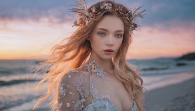 1girl,solo,long hair,breasts,looking at viewer,blue eyes,blonde hair,brown hair,hair ornament,dress,cleavage,bare shoulders,medium breasts,collarbone,upper body,flower,outdoors,parted lips,sky,cloud,hair flower,water,white dress,blurry,lips,dutch angle,depth of field,blurry background,ocean,wavy hair,beach,feathers,sunset,realistic,nose,closed mouth,makeup,expressionless,cloudy sky,portrait,horizon,red lips,feather hair ornament,waves