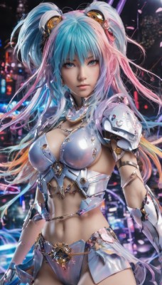 1girl,solo,long hair,breasts,looking at viewer,bangs,blue eyes,large breasts,hair ornament,gloves,navel,cleavage,twintails,jewelry,medium breasts,blue hair,weapon,pink hair,multicolored hair,cowboy shot,midriff,armor,two-tone hair,two side up,lips,aqua hair,blurry background,shoulder armor,pauldrons,realistic,bikini armor,gradient hair,armlet