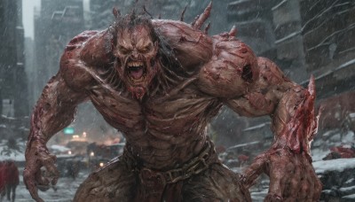 solo,looking at viewer,open mouth,1boy,yellow eyes,male focus,outdoors,teeth,solo focus,belt,pants,blood,muscular,glowing,fangs,abs,sharp teeth,muscular male,ground vehicle,building,glowing eyes,motor vehicle,snow,spikes,rain,veins,topless male,monster,snowing,city,car,blood on hands,cowboy shot,tongue,blurry,no humans,blurry background,claws,corpse