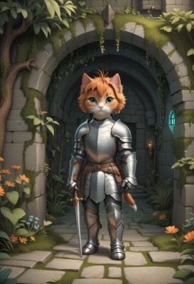 solo,looking at viewer,blue eyes,1boy,holding,animal ears,standing,tail,full body,weapon,flower,male focus,boots,outdoors,belt,sword,cat ears,holding weapon,armor,tree,animal,holding sword,cat,plant,shoulder armor,gauntlets,sheath,furry,pauldrons,breastplate,stairs,fantasy,armored boots,furry male,greaves,vines,knight,chainmail,plate armor,artist name,orange hair,cat tail,no humans,:3,leaf,grass,nature,1other,colored sclera,walking,door,furry female,body fur,ruins,white fur,pillar,full armor,whiskers,arch,moss,overgrown,orange fur,ivy