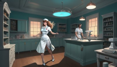 1girl,long hair,breasts,smile,brown hair,shirt,black hair,1boy,hat,dress,brown eyes,standing,white shirt,short sleeves,pantyhose,indoors,white dress,high heels,cup,window,shadow,facial hair,white headwear,chair,white footwear,bottle,beard,desk,nurse cap,nurse,lamp,syringe,stethoscope,counter,cabinet,office,uniform