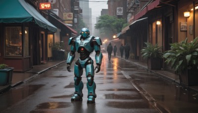 1boy,standing,outdoors,solo focus,no humans,glowing,plant,robot,ground vehicle,building,mecha,motor vehicle,walking,science fiction,city,sign,realistic,potted plant,road,power lines,street,lights,humanoid robot,people,looking at viewer,window,scenery,glowing eyes,open hands