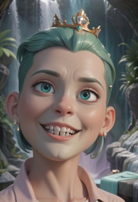 1girl,solo,looking at viewer,smile,short hair,open mouth,shirt,jewelry,green eyes,collarbone,white shirt,earrings,outdoors,green hair,teeth,water,grin,blurry,aqua eyes,lips,aqua hair,tiara,crown,plant,portrait,forehead,freckles,waterfall,collared shirt,artist name,sharp teeth,realistic,nose