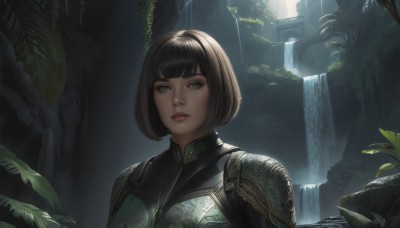 1girl,solo,looking at viewer,short hair,bangs,brown hair,black hair,brown eyes,closed mouth,upper body,outdoors,parted lips,blunt bangs,water,armor,tree,lips,grey eyes,bob cut,plant,shoulder armor,portrait,nature,pauldrons,breastplate,realistic,nose,waterfall,moss,teeth,day,eyelashes,leaf,sunlight