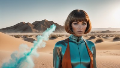 1girl,solo,looking at viewer,short hair,bangs,brown hair,black hair,brown eyes,jacket,upper body,outdoors,parted lips,sky,day,blunt bangs,lips,bodysuit,beach,bob cut,mountain,realistic,nose,sand,desert,blue eyes,earrings,turtleneck,scenery,multicolored clothes,track jacket,multicolored jacket