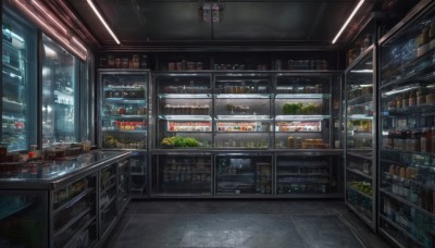 food,indoors,no humans,window,night,bottle,plant,box,scenery,tiles,tile floor,shelf,shop,ceiling light,refrigerator,convenience store,can,jar,ceiling