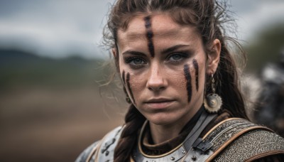 1girl,solo,long hair,looking at viewer,brown hair,brown eyes,jewelry,closed mouth,upper body,braid,earrings,outdoors,solo focus,armor,blurry,lips,depth of field,blurry background,facial mark,shoulder armor,messy hair,portrait,freckles,pauldrons,realistic,facepaint,tribal,chainmail,black hair,dark skin,close-up