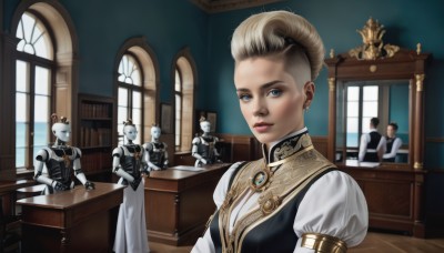 1girl,looking at viewer,short hair,blue eyes,multiple girls,blonde hair,brown hair,long sleeves,dress,jewelry,sitting,upper body,earrings,multiple boys,puffy sleeves,indoors,vest,cup,lips,book,maid,window,makeup,chair,table,robot,lipstick,brooch,joints,realistic,multiple others