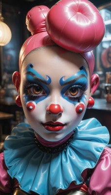 1girl,solo,looking at viewer,smile,brown eyes,jewelry,upper body,pink hair,earrings,hair bun,blurry,dark-skinned female,lips,eyelashes,double bun,bodysuit,makeup,mask,blurry background,facial mark,lipstick,portrait,eyeshadow,nose,red lips,facepaint,mascara,clown,dress,single hair bun