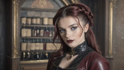 1girl,solo,long hair,looking at viewer,smile,blue eyes,brown hair,jewelry,closed mouth,jacket,upper body,braid,red hair,multicolored hair,earrings,choker,indoors,necklace,blurry,lips,makeup,blurry background,lipstick,portrait,red jacket,realistic,red lips,shelf,dress,collar,hyur