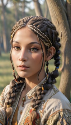 1girl,solo,long hair,looking at viewer,smile,brown hair,black hair,hair ornament,brown eyes,jewelry,closed mouth,upper body,braid,earrings,outdoors,parted lips,day,necklace,blurry,twin braids,tree,lips,looking to the side,eyelashes,depth of field,blurry background,looking away,sunlight,looking up,gem,portrait,nature,hair over shoulder,forehead,forest,freckles,realistic,nose,looking afar,dappled sunlight,multiple braids,bangs,shirt,white shirt,artist name,signature,parted bangs,pink lips,crown braid