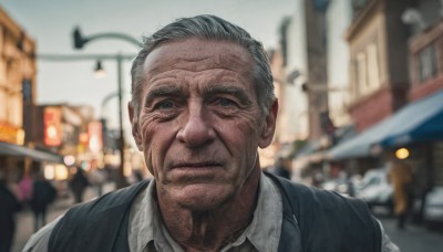 solo,looking at viewer,short hair,blue eyes,shirt,1boy,closed mouth,jacket,white shirt,upper body,grey hair,male focus,outdoors,collared shirt,blurry,vest,depth of field,blurry background,building,portrait,city,realistic,car,old,lamppost,old man,wrinkled skin,day,lips,black jacket,facial hair,ground vehicle,motor vehicle