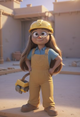 1girl,solo,long hair,looking at viewer,smile,brown hair,shirt,hat,brown eyes,very long hair,closed mouth,standing,full body,short sleeves,outdoors,shoes,day,collared shirt,blurry,flat chest,mask,blurry background,brown footwear,helmet,blue shirt,child,hands on hips,female child,overalls,yellow headwear,hardhat,glasses,lips