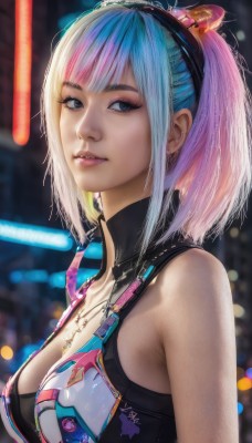 1girl,solo,breasts,looking at viewer,short hair,bangs,blue eyes,large breasts,animal ears,cleavage,bare shoulders,jewelry,medium breasts,blue hair,upper body,pink hair,multicolored hair,hairband,parted lips,teeth,sleeveless,necklace,blurry,from side,two-tone hair,lips,gradient hair,makeup,blurry background,eyeshadow,realistic,nose,ponytail,sidelocks,artist name,medium hair,bra,streaked hair,looking to the side,eyelashes,depth of field,watermark,science fiction,eyeliner,cable,mascara,cyberpunk,neon lights