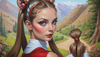 1girl,solo,long hair,looking at viewer,blush,blue eyes,brown hair,hair ornament,animal ears,twintails,flower,hairband,outdoors,sky,day,looking back,nail polish,tree,lips,makeup,lipstick,nature,red nails,pink flower,mountain,realistic,red lips,mascara,upper body,artist name,from behind,blue sky,eyelashes,facial mark,grass,portrait,scenery,facepaint