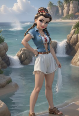 1girl,solo,long hair,breasts,looking at viewer,smile,blue eyes,skirt,brown hair,shirt,black hair,hair ornament,holding,cleavage,brown eyes,jewelry,medium breasts,underwear,standing,jacket,swimsuit,full body,braid,short sleeves,earrings,small breasts,outdoors,parted lips,open clothes,sky,shorts,day,belt,artist name,cloud,water,necklace,bra,black eyes,twin braids,tree,blue sky,lips,head tilt,hand on hip,legs,bare legs,open shirt,makeup,toes,buttons,ocean,beach,brown footwear,sandals,white skirt,blue shirt,lipstick,bikini top only,toenails,rock,palm tree,horizon,unbuttoned,red lips,brown belt,river,cliff,hairband,hair bun,denim,thick lips