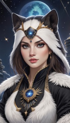 1girl,solo,long hair,breasts,looking at viewer,brown hair,animal ears,jewelry,closed mouth,upper body,earrings,sky,artist name,necklace,lips,grey eyes,fur trim,makeup,night,moon,gem,star (sky),night sky,full moon,starry sky,nose,space,planet,blue eyes,black hair,medium breasts,white hair,hood,eyelashes,lipstick