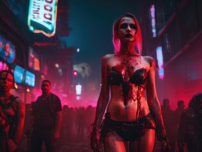 1girl,long hair,breasts,gloves,navel,cleavage,bare shoulders,medium breasts,underwear,panties,weapon,pink hair,outdoors,multiple boys,shorts,solo focus,midriff,belt,bra,blurry,lips,gun,short shorts,strapless,blood,makeup,mask,night,blurry background,glowing,lipstick,black bra,science fiction,blood on face,city,sign,realistic,red lips,blood on clothes,police,police uniform,blood splatter,cyberpunk,neon lights,looking at viewer,holding,jewelry,standing,red hair,cowboy shot,small breasts,pants,thigh gap,sunglasses,facing viewer,walking,multiple others,street,blood on hands,alley