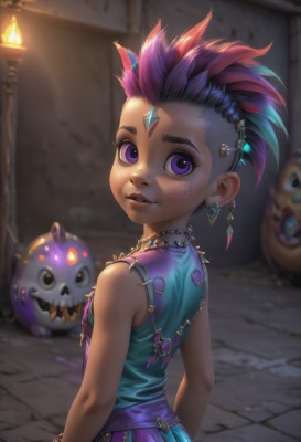 1girl,solo,looking at viewer,smile,short hair,open mouth,hair ornament,dress,bare shoulders,jewelry,blue hair,standing,purple eyes,upper body,pink hair,purple hair,red hair,multicolored hair,earrings,parted lips,teeth,sleeveless,looking back,artist name,indoors,signature,necklace,from behind,mole,blurry,flat chest,bracelet,from side,two-tone hair,lips,eyelashes,depth of field,blurry background,blue dress,piercing,aged down,gem,child,freckles,beads,lantern,nose,female child,creature,forehead jewel,green gemstone,shirt,hairclip,makeup,spiked hair,spikes,asymmetrical hair,candle