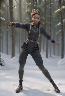 1girl,solo,long hair,looking at viewer,smile,brown hair,shirt,long sleeves,brown eyes,closed mouth,standing,full body,braid,boots,outdoors,shorts,day,belt,pants,dark skin,black footwear,blurry,uniform,black eyes,twin braids,dark-skinned female,tree,military,military uniform,blurry background,black pants,outstretched arms,wristband,nature,hair over shoulder,snow,buckle,forest,legs apart,pouch,belt buckle,snowing,brown belt,holster,animification,winter,belt pouch,jacket,artist name,lips,black shorts,blue jacket,freckles