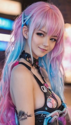 1girl,solo,long hair,breasts,looking at viewer,smile,bangs,blue eyes,cleavage,bare shoulders,jewelry,medium breasts,closed mouth,blue hair,upper body,pink hair,multicolored hair,earrings,choker,blurry,two-tone hair,lips,eyelashes,sideboob,tattoo,makeup,blurry background,piercing,realistic,hair ornament,artist name,signature,from side,grey eyes,gradient hair,ear piercing