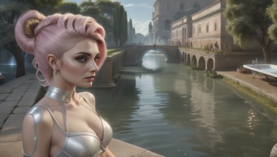 1girl,solo,breasts,looking at viewer,cleavage,brown eyes,jewelry,medium breasts,closed mouth,collarbone,upper body,pink hair,earrings,outdoors,parted lips,sky,choker,day,cloud,water,hair bun,armor,tree,lips,grey eyes,single hair bun,building,scenery,reflection,science fiction,realistic,nose,watercraft,bridge,river,boat,lake,short hair,blue eyes,underwear,artist name,bra,pool