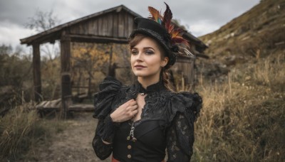 1girl,solo,breasts,looking at viewer,smile,brown hair,long sleeves,hat,dress,cleavage,brown eyes,jewelry,medium breasts,closed mouth,upper body,outdoors,frills,sky,day,cloud,blurry,black dress,tree,lips,black headwear,grass,feathers,hand on own chest,realistic,hat feather,blue eyes,earrings