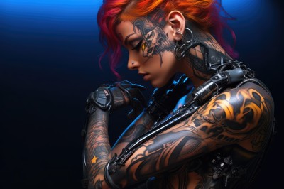 1girl,solo,short hair,gloves,jewelry,yellow eyes,upper body,red hair,earrings,dark skin,orange hair,from side,dark-skinned female,lips,tattoo,profile,makeup,blue background,piercing,ear piercing,watch,nose,wristwatch,arm tattoo,undercut,facial tattoo,cyborg,weapon,holding weapon,gun,rifle,colored sclera,hoop earrings,mechanical arms,cyberpunk,neck tattoo,full-body tattoo