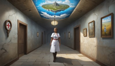 1girl,solo,long hair,brown hair,1boy,dress,standing,sky,day,belt,cloud,indoors,dark skin,dark-skinned female,scenery,walking,fantasy,door,wall,wide shot,painting (object),floating island,black hair,boots,white dress,uniform,floating,lantern