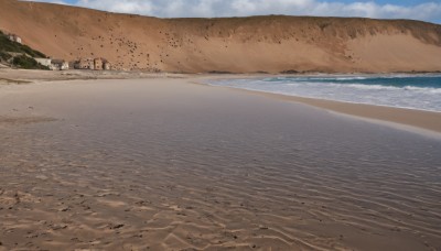 outdoors,sky,day,cloud,water,blue sky,no humans,bird,ocean,beach,scenery,sand,horizon,shore,desert,building,waves