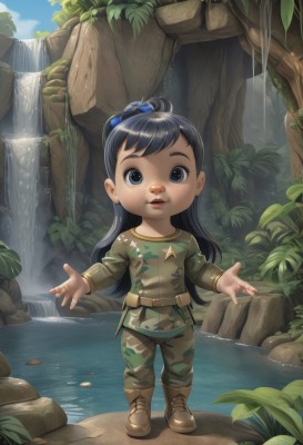 1girl,solo,long hair,looking at viewer,open mouth,shirt,black hair,long sleeves,standing,full body,ponytail,boots,outdoors,parted lips,sky,day,belt,pants,water,uniform,black eyes,tree,lips,military,military uniform,leaf,brown footwear,hair bobbles,child,nature,forest,rock,female child,camouflage,waterfall,open hands,camouflage pants,blue eyes,bow,hair bow,teeth,chibi,pouch,realistic,green shirt