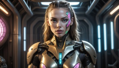 HQ,1girl,solo,long hair,looking at viewer,blue eyes,blonde hair,brown hair,black hair,upper body,parted lips,indoors,armor,blurry,lips,bodysuit,makeup,portrait,forehead,science fiction,realistic,nose,cyborg,hair pulled back,power armor,cyberpunk,expressionless,eyeshadow,backlighting,eyeliner