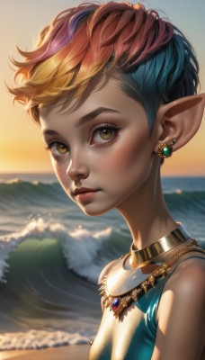 1girl,solo,looking at viewer,short hair,bare shoulders,brown eyes,jewelry,closed mouth,blue hair,yellow eyes,upper body,pink hair,red hair,multicolored hair,earrings,outdoors,sky,sleeveless,pointy ears,artist name,water,necklace,orange hair,blurry,from side,two-tone hair,lips,eyelashes,blurry background,ocean,beach,elf,gem,freckles,sunset,realistic,nose,waves,breasts,blush,bangs,blonde hair,brown hair,mole,mole under eye,gradient hair,makeup,thick eyebrows,portrait,backlighting,sand,neck ring,mascara