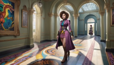 1girl,breasts,looking at viewer,short hair,multiple girls,skirt,brown hair,long sleeves,1boy,2girls,brown eyes,jewelry,standing,full body,boots,necktie,shorts,solo focus,belt,indoors,2boys,high heels,lips,coat,window,makeup,brown footwear,formal,sunlight,knee boots,suit,lipstick,high heel boots,walking,curly hair,door,dragon,painting (object),stained glass,hallway,carpet,purple shorts,afro,long hair,dress,medium breasts,weapon,bracelet,shadow,statue