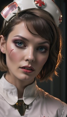 1girl,solo,looking at viewer,short hair,bangs,blue eyes,brown hair,hat,parted lips,teeth,artist name,lips,eyelashes,blood,makeup,portrait,eyeshadow,blood on face,realistic,nose,nurse cap,red lips,nurse,red cross,upper body,watermark,lipstick,close-up,eyeliner,mascara