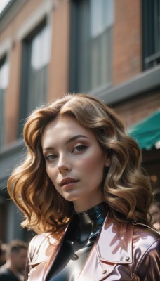 1girl,solo,long hair,looking at viewer,blonde hair,green eyes,jacket,upper body,parted lips,solo focus,day,artist name,medium hair,blurry,lips,bodysuit,depth of field,blurry background,wavy hair,forehead,freckles,curly hair,realistic,nose,brown hair,brown eyes,outdoors,open clothes,teeth,open jacket,eyelashes,thick eyebrows,portrait,leather,leather jacket