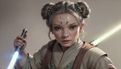 1girl,solo,looking at viewer,short hair,simple background,hair ornament,holding,jewelry,closed mouth,upper body,weapon,grey hair,earrings,sword,necklace,hair bun,holding weapon,black eyes,lips,grey eyes,eyelashes,double bun,glowing,holding sword,knife,gem,freckles,robe,circlet,glint,realistic,nose,glowing weapon,energy sword,lightsaber,black hair,chinese clothes,portrait,science fiction