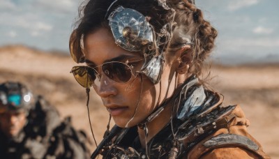 1girl,solo,short hair,brown hair,jewelry,closed mouth,braid,outdoors,solo focus,day,dark skin,blurry,dark-skinned female,lips,depth of field,blurry background,sunglasses,robot,portrait,mecha,science fiction,realistic,nose,tinted eyewear,cyborg,desert,aviator sunglasses,black hair,sky,cloud,from side,blue sky,eyelashes,close-up,round eyewear,earpiece