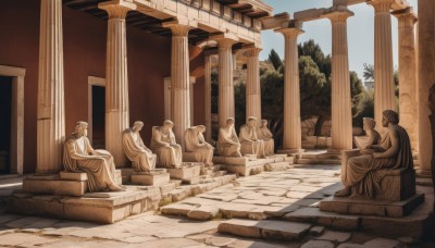 solo,holding,sitting,outdoors,sky,day,tree,no humans,scenery,robe,stairs,ruins,pillar,statue,arch,column,cloud,blue sky,sunlight,shade,architecture