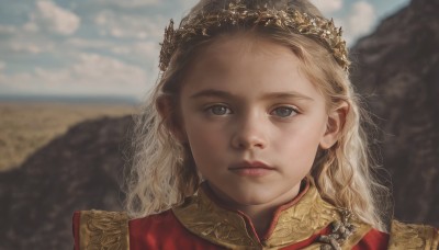 1girl,solo,long hair,looking at viewer,blue eyes,blonde hair,jewelry,closed mouth,earrings,outdoors,wings,sky,day,cloud,blurry,blue sky,lips,grey eyes,depth of field,blurry background,expressionless,crown,portrait,forehead,freckles,realistic,head wreath,brown eyes,cloudy sky,close-up