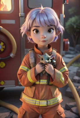 1girl,solo,looking at viewer,short hair,bangs,long sleeves,holding,brown eyes,closed mouth,standing,jacket,purple hair,white hair,cowboy shot,outdoors,belt,blurry,lips,blurry background,animal,thick eyebrows,fire,ground vehicle,child,androgynous,holding animal,jumpsuit,orange jacket,holding cat,orange pants,pants,bag,rock,realistic