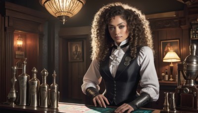 1girl,solo,long hair,breasts,looking at viewer,smile,brown hair,shirt,black hair,long sleeves,brown eyes,jewelry,white shirt,upper body,weapon,sword,indoors,dark skin,vest,dark-skinned female,lips,ascot,table,bottle,curly hair,black vest,nose,lamp,bracer,big hair,afro,phonograph,sitting,grey eyes