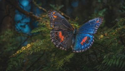 outdoors, wings, blurry, tree, no humans, depth of field, blurry background, animal, leaf, bug, plant, butterfly, nature, forest, branch, butterfly wings