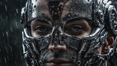 solo,looking at viewer,1boy,male focus,armor,black eyes,lips,mask,helmet,portrait,close-up,reflection,science fiction,rain,realistic,1girl,shiny,cyberpunk