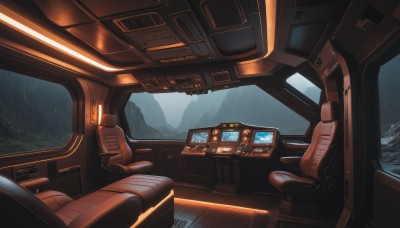 sitting,no humans,window,scenery,reflection,science fiction,rain,mountain,monitor,car interior,cockpit,screen,steering wheel,pilot,seat,indoors,chair,realistic,computer,television,spacecraft,video game