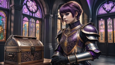 1girl,solo,short hair,bangs,gloves,jewelry,closed mouth,purple eyes,upper body,purple hair,black gloves,indoors,necklace,armor,lips,window,makeup,looking away,lipstick,shoulder armor,gauntlets,pauldrons,shield,breastplate,vambraces,knight,full armor,stained glass,church,arch,plate armor,weapon,sword